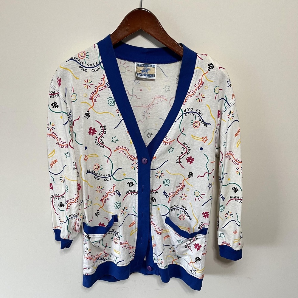 Vintage Beverly Hills Polo Club Cardigan Womens M Colorful Graphic Sweater Prep‎